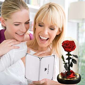 Dream of Flowers Valentines Day Gifts for Her, Beauty and The Beast Rose,Preserved Real Rose in Glass Dome on Black Wood with Warm Light,Valentines Rose Gifts for Women Wife Mom Girlfriend,Birthday