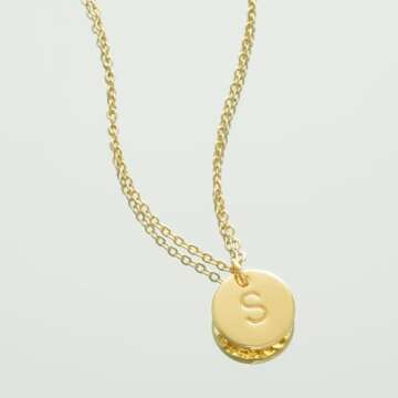 Bemoly Initial Necklace for Women Round 11MM Coin Disc Double Side Engraved Letter S Hammered Pendant 14K Gold Plated Personalized Alphabet Birthday Jewelry 17.5"