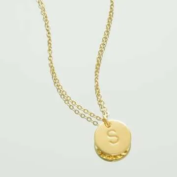 Bemoly Initial Necklace for Women Round 11MM Coin Disc Double Side Engraved Letter S Hammered Pendant 14K Gold Plated Personalized Alphabet Birthday Jewelry 17.5"