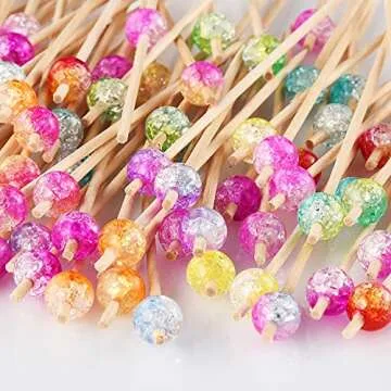 ALINK 100-Pack Cocktail Picks, Colorful Pearl Fancy Toothpicks for Appetizers, Wooden Food Picks Skewers for Food, Drinks, Fruits Party, Charcuterie Accessories - 4.72 inch