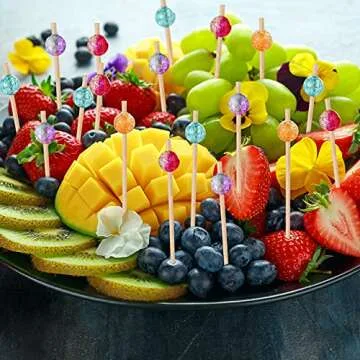 ALINK 100-Pack Cocktail Picks, Colorful Pearl Fancy Toothpicks for Appetizers, Wooden Food Picks Skewers for Food, Drinks, Fruits Party, Charcuterie Accessories - 4.72 inch
