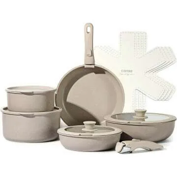 CAROTE 15pcs Nonstick Cookware Set with Detachable Handle