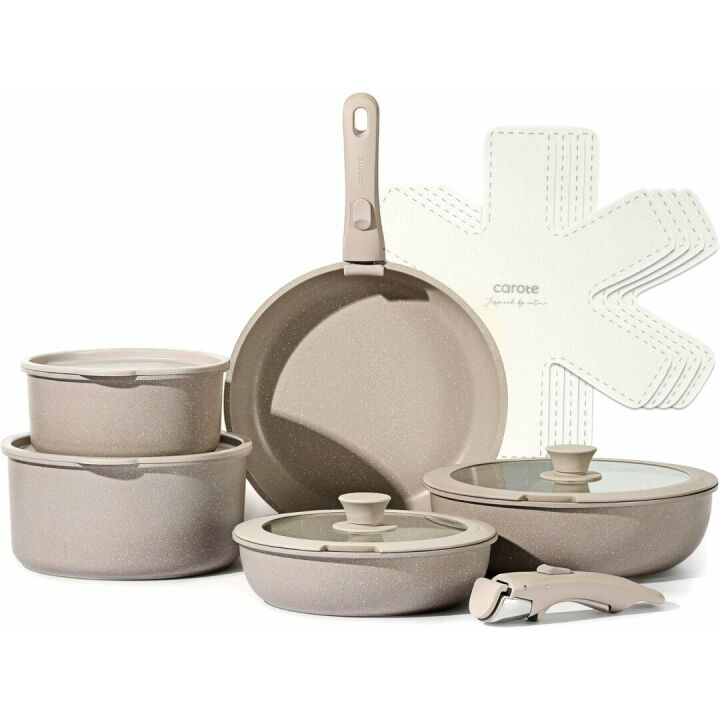 CAROTE 15pcs Nonstick Cookware Set with Detachable Handle