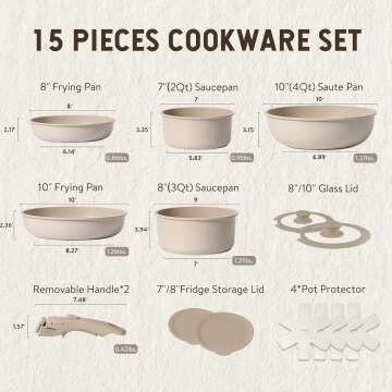 CAROTE 15pcs Nonstick Cookware Set with Detachable Handle