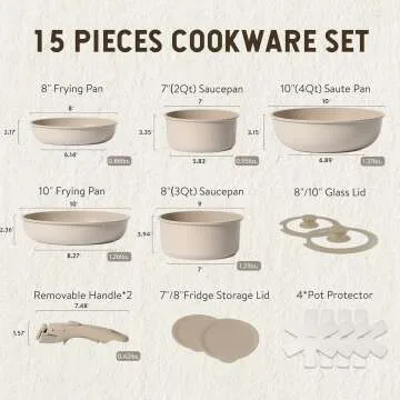 CAROTE 15pcs Nonstick Cookware Set with Detachable Handle