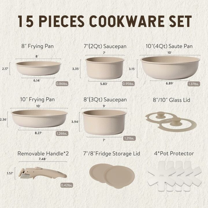 CAROTE 15pcs Nonstick Cookware Set with Detachable Handle