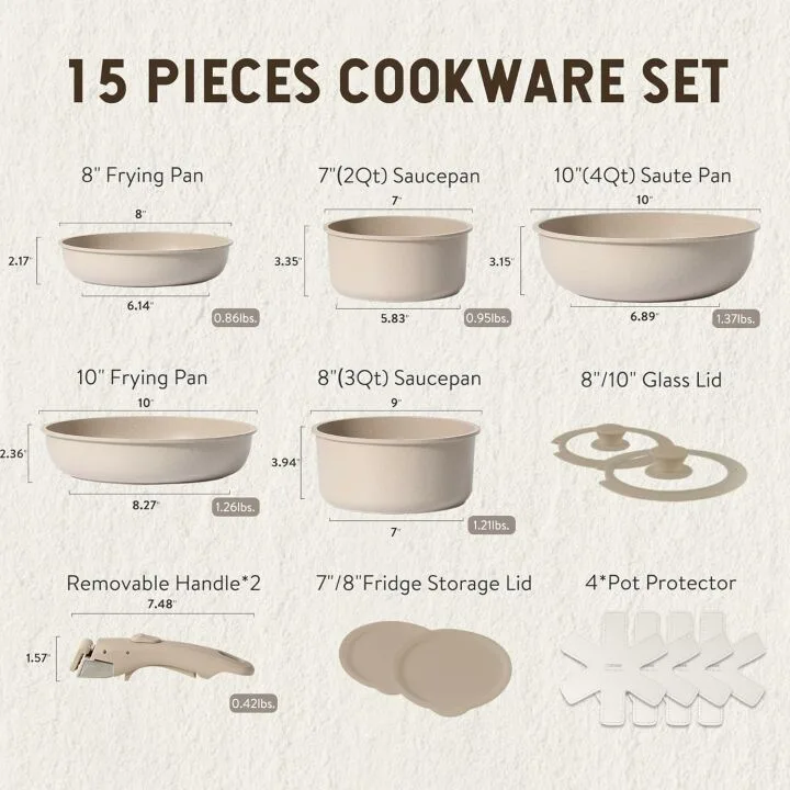 CAROTE 15pcs Nonstick Cookware Set with Detachable Handle