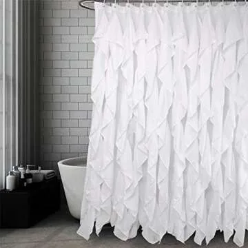 Volens White Ruffle Shower Curtain - Farmhouse Bathroom Elegance, 72x72 inches