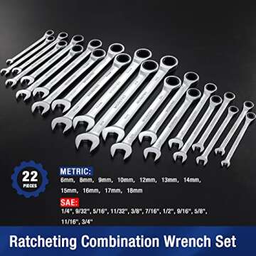 WORKPRO 22-Piece Ratcheting Combination Wrench Set, 72 Teeth, Combo Ratchet Wrenches Set with Organi...