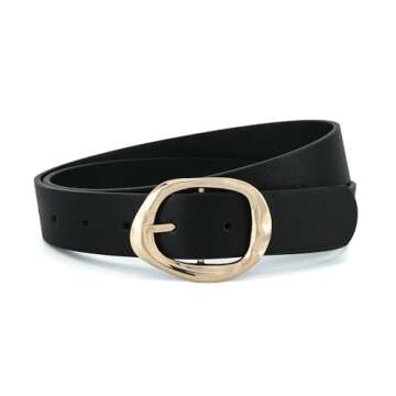 Earnda Black Leather Belts for Women Casual Fashion Waist Belt with Liquid Shapes Gold Buckle for Jeans Pants Dresses 1.18" Width Medium