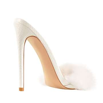 Richealnana Sexy Stiletto High Heels for Women Genuine Feather Mules with Pointy Open Toe Party Dress Heel Shoes White Size 6