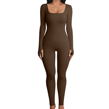 OQQ Women Long Sleeve Yoga Jumpsuits Workout Ribbed Bodysuits Pants Sexy One Piece Coffee
