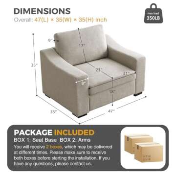 ELUCHANG 47" W Oversized Accent Chair, Linen Fabric Modern Chair with Deep Seat, Washable Covers, Co...