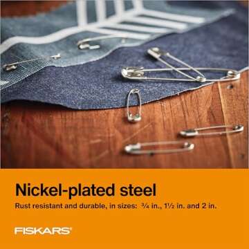 Fiskars Assorted Safety Pins - Assorted 3-Size Safety Pin Set - Sewing Accessories and Supplies - 75-Piece