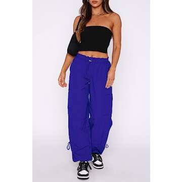 DISCIPBUSH Cargo Pants Women Baggy - Parachute Pants for Women, Rave Y2K Festival Outfits Cobalt Blue XS