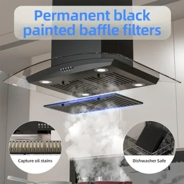 FIREGAS 30 inch Black Island Mount Range Hood 700 CFM