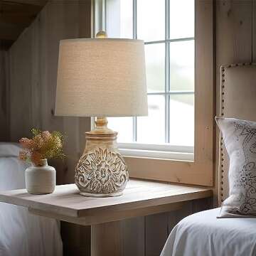 PoKat 18.5'' Farmhouse Table Lamps for Living Room Vintage Traditional Carved Floral Bedside Lamps for Bedroom Rustic Night Light Lamps Washed White