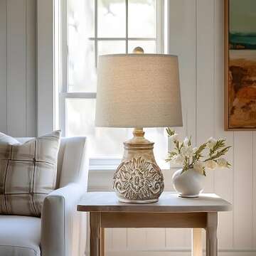 PoKat 18.5'' Farmhouse Table Lamps for Living Room Vintage Traditional Carved Floral Bedside Lamps for Bedroom Rustic Night Light Lamps Washed White