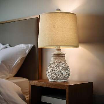 PoKat 18.5'' Farmhouse Table Lamps for Living Room Vintage Traditional Carved Floral Bedside Lamps for Bedroom Rustic Night Light Lamps Washed White