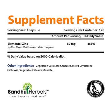 Zinc 50mg Supplement 120 Vegetarian Capsules, Zinc Highly Absorbable Supplements for Immune Support, Gluten Free