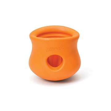 West Paw Zogoflex Toppl Treat Dispensing Dog Toy Puzzle – Interactive Chew Toys for Dogs – Dog Toy for Moderate Chewers, Fetch, Catch – Holds Kibble, Treats, Large 4", Tangerine