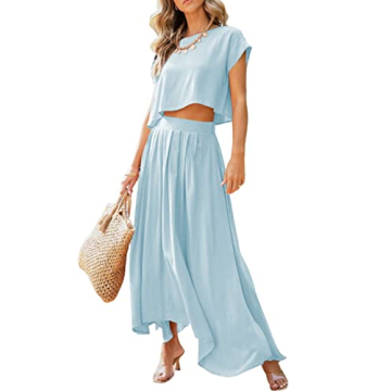 Dokotoo Womens Maxi Dress Casual Crew Neck Short Sleeve Tops 2 Piece Summer Outfits for Women Solid ...