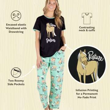 Lazy One Women's Pajama Set, Short Sleeves with Cute Prints, Relaxed Fit, Horse, Western, Animal (Pasture Bed Time Mint, Medium)