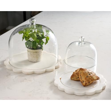 Mud Pie Scalloped Marble Cloche Set, 10" x 10", WHITE
