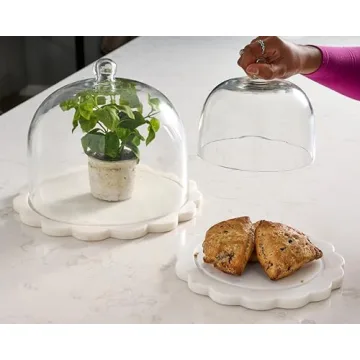 Mud Pie Scalloped Marble Cloche Set, 10" x 10", WHITE