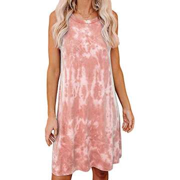 Women's Casual Sleeveless Dresses Summer Crew Neck Loose Swing Tie Dye Beach Dress Shirt
