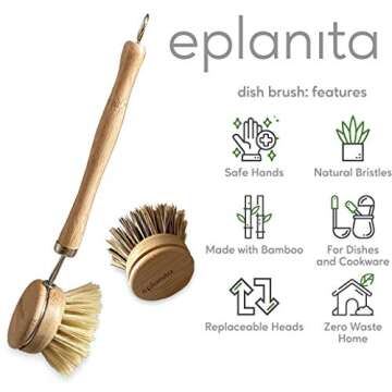 eplanita Natural Dish Brush, 3 Replacement Heads, Kitchen Eco Bamboo Scrubber Brushes, Extra Plant S...