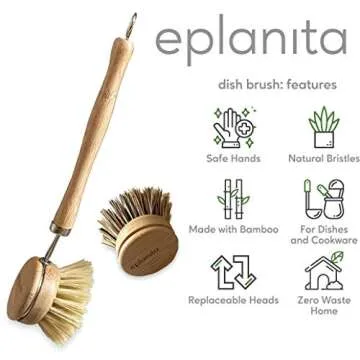 eplanita Natural Dish Brush, 3 Replacement Heads, Kitchen Eco Bamboo Scrubber Brushes, Extra Plant S...