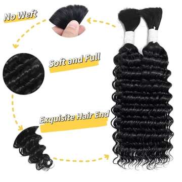 Deep Wave Bulk Human Hair Braiding Hair - 100% Unprocessed Brazilian Virgin Hair for Extensions 2 Br...