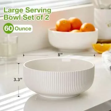 Mfacoy 2 Pack Salad Bowl, 8 inch 60 oz Large Serving Bowl Set, Deep Bowl for Kitchen, White Ceramic Bowl Set for Soup, Cereal, Ramen, Pasta, Salad, Dishwasher & Microwave Safe, Easy Clean