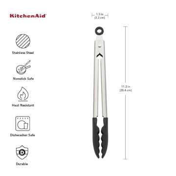 KitchenAid Silicone Tipped Stainless Steel Tongs, 12 Inch, Black