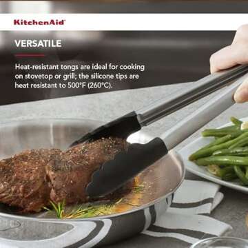 KitchenAid Silicone Tipped Stainless Steel Tongs, 12 Inch, Black