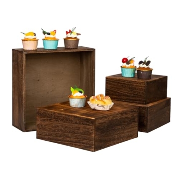 Vintage Brown Square Wooden Cake Stands For Display,Set Of 4 Wood Cupcake Stands Risers, 12 Inches R...