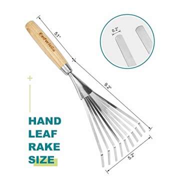 Hand Rake Garden Tool Small Leaf Rake 9-Teeth Rake Hand Cultivator 14.4 Inch for Garden Bed Cultivating Soil Weeding Raking Leaves Levelling Gravel Garden Leaf Rake with Hard Solid Wood Handle