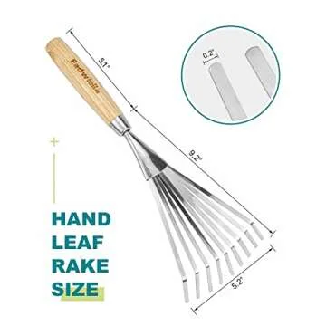 Hand Rake Garden Tool Small Leaf Rake 9-Teeth Rake Hand Cultivator 14.4 Inch for Garden Bed Cultivating Soil Weeding Raking Leaves Levelling Gravel Garden Leaf Rake with Hard Solid Wood Handle