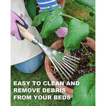 Hand Rake Garden Tool Small Leaf Rake 9-Teeth Rake Hand Cultivator 14.4 Inch for Garden Bed Cultivating Soil Weeding Raking Leaves Levelling Gravel Garden Leaf Rake with Hard Solid Wood Handle