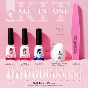 Clara Colors Nail Tips and Glue Gel Kit - Gel x Nail Kit 550Pcs Soft Gel Nail Tips Half Matte Medium Coffin Shape with Mini LED Nail Lamp,Top Coat and Primer,DIY Nail Art Fast Nail Extension Set