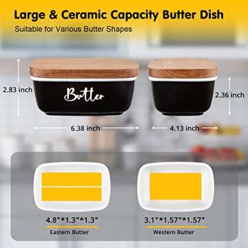 Black Butter Dish, ALELION Large Ceramic Butter Dish with Lid for Countertop, Butter Keeper Containe...