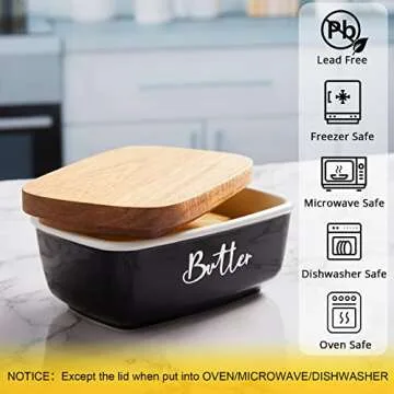 ALELION Black Ceramic Butter Dish with Acacia Wood Lid