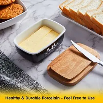 ALELION Black Ceramic Butter Dish with Acacia Wood Lid