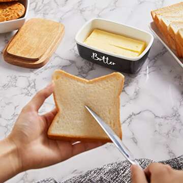 Black Butter Dish, ALELION Large Ceramic Butter Dish with Lid for Countertop, Butter Keeper Container with Acacia Wooden Lid, Kitchen Decor and Accessories for Counter