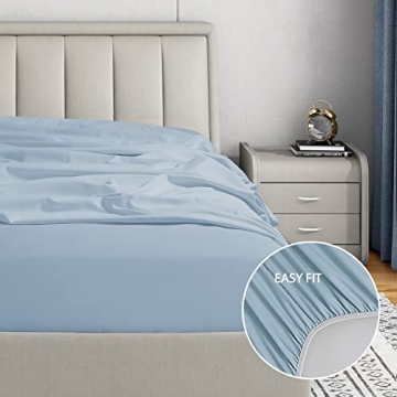 Cathay Home Luxury Wrinkle and Fade Resistant Double Brushed Ultra Soft Microfiber 14-Inch Standard Pocket Single Fitted Sheet, Blue Fog, Twin