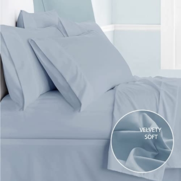 Cathay Home Luxury Wrinkle and Fade Resistant Double Brushed Ultra Soft Microfiber 14-Inch Standard Pocket Single Fitted Sheet, Blue Fog, Twin