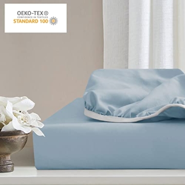 Cathay Home Luxury Wrinkle and Fade Resistant Double Brushed Ultra Soft Microfiber 14-Inch Standard Pocket Single Fitted Sheet, Blue Fog, Twin