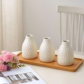 Flower Vase Set of 3, Decorative Ceramic Vase, Small Vase for Decor Home Living Room Office Parties Wedding (Matte White Honeycomb)