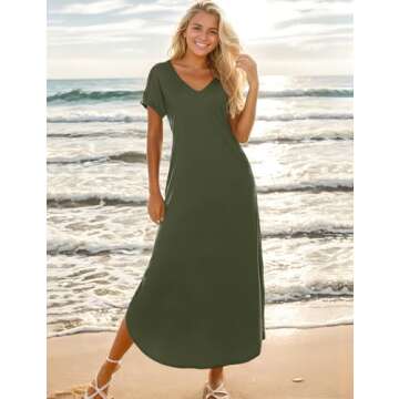 Zilcremo Women Summer Casual Maxi Dress Loose Pockets Short Sleeve Split Boho Dresses Green S